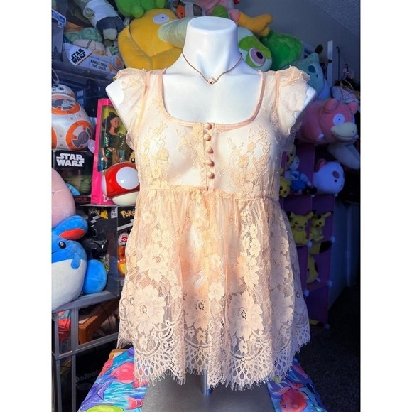 Rachael & Chloe Tops - Y2K Rachael & Chloe Peach Floral Lace Babydoll Top Sheer Flutter Sleeve M #5